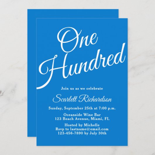 Honderd script blauw 100ste verjaardagsfeestje kaart (Voorkant / Achterkant)