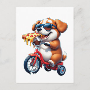 hondje dat op een fiets rijdt en pizza eet briefkaart