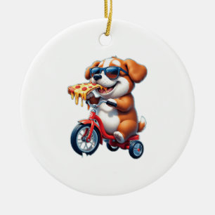 hondje dat op een fiets rijdt en pizza eet keramisch ornament