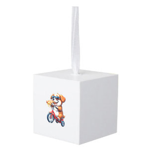 hondje dat op een fiets rijdt en pizza eet kubus ornament