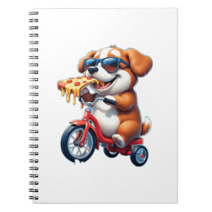 hondje dat op een fiets rijdt en pizza eet notitieboek