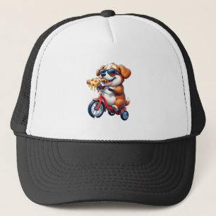 hondje dat op een fiets rijdt en pizza eet trucker pet
