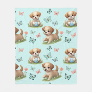 Hondjes en Vlinders op Blauw Fleece Deken