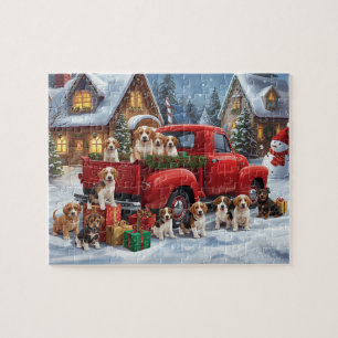 Hondjes van beagle rode vrachtwagen Kerstmis Sneeu Legpuzzel