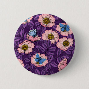 Hondsroos en vlinders in roze en paars ronde button 5,7 cm
