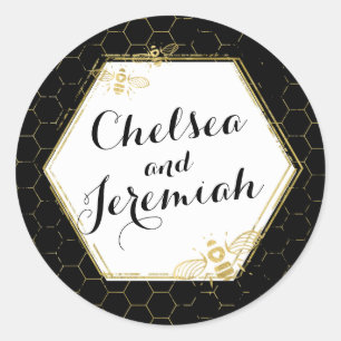 Honey Bee Black Gold Custom Name Sticker Mariage