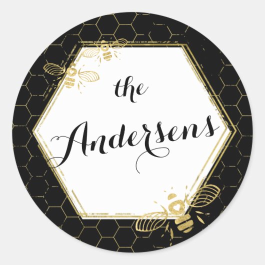 Honey Bee Black Gold Custom Name Sticker Mariage (Devant)
