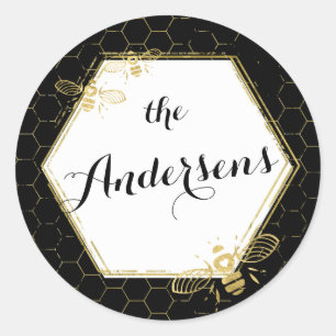 Honey Bee Black Gold Custom Name Sticker Mariage