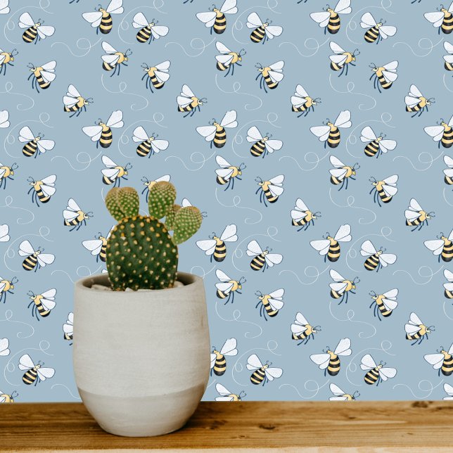 Honey Bee Blue Behang (Blue and white honey bee pattern art wallpaper)