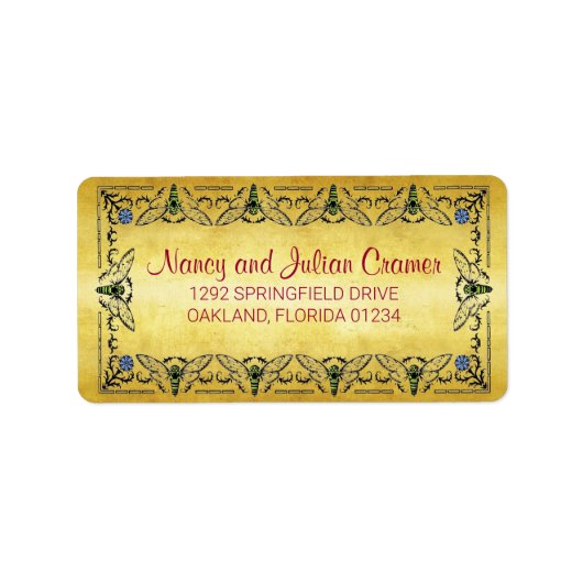 Honey Bee Border Faux Gold Leaf Adres Etiket (Voorkant)