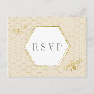 Honey Bee Cream Gold Pattern Custom RSVP Card Uitnodiging Briefkaart