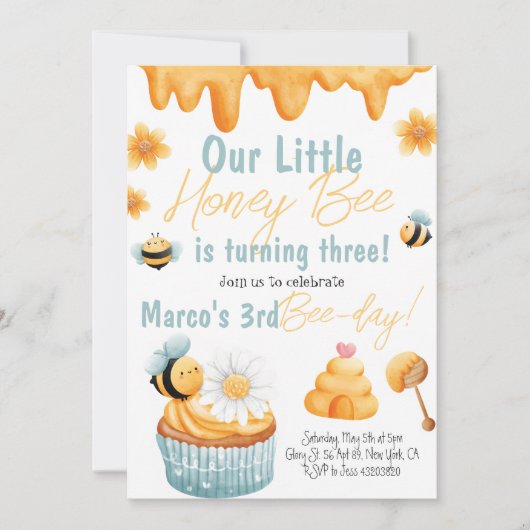 Honey Bee First Bee day Boy Birthday Invitation (Devant)