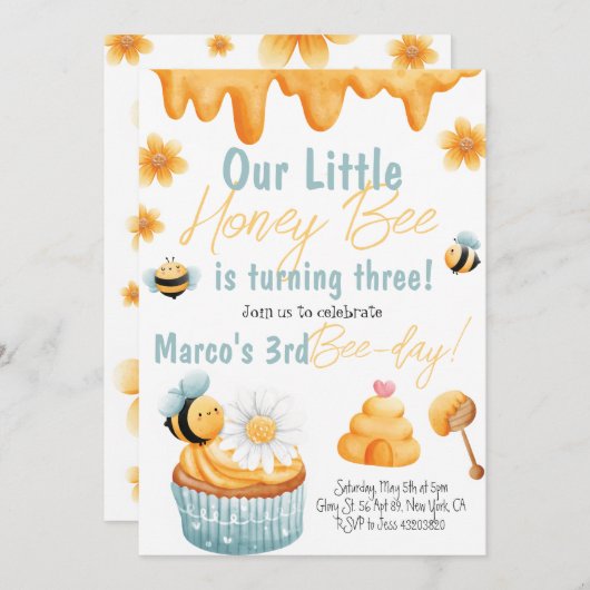 Honey Bee First Bee day Boy Birthday Invitation (Devant / Derrière)