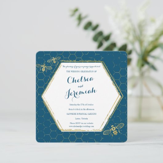 Honey Bee Turquoise Gold Custom Wedding Invitation (Debout devant)