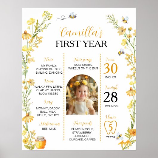 Honey Bee Wildflower Eerste Verjaardag Mijlpaal te Poster (Voorkant)