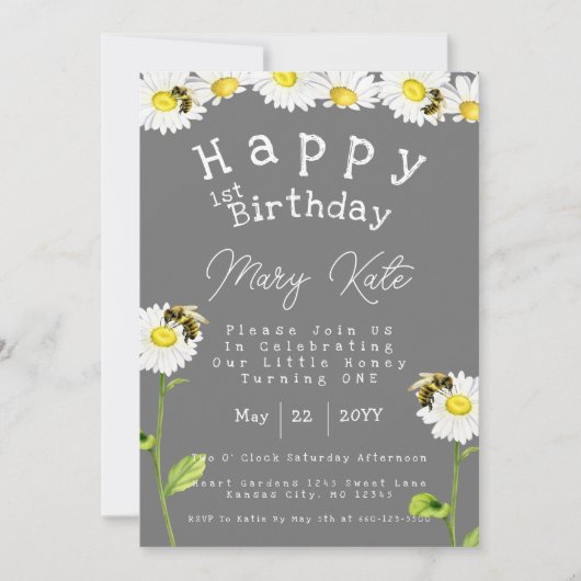 Honey Bees and Daisy 1er Anniversaire Invitation (Devant)