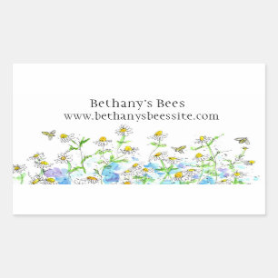 Honey Bees Chamomile Flowers Drawing Custom Name Rechthoekige Sticker