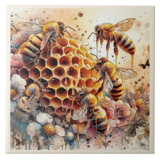 HONEY BEES FLEURS SUR HONEYCOMB | Carreaux en céra (Devant)