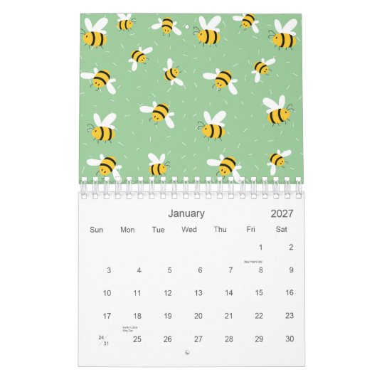 Honey Bumble Bee Green Pattern 2026 Kalender (Jan 2027)