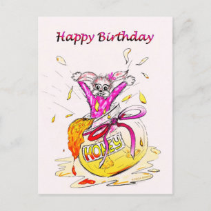 Honey Bunny Happy Birthday leuke roze tekenkaart Briefkaart