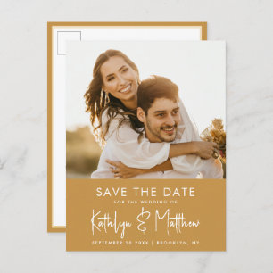 Honey Gold Fun Script Modern Photo Wedding Save th Aankondigingskaart
