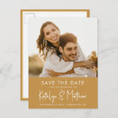 Honey Gold Fun Script Modern Photo Wedding Save th Aankondigingskaart (Voorkant / Achterkant)