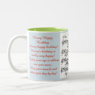Honey Happy Birthday met een zangblad. Tweekleurige Koffiemok