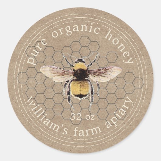 Honey Jar Étiquette Honeybee Apiary Kraft Papier (Devant)