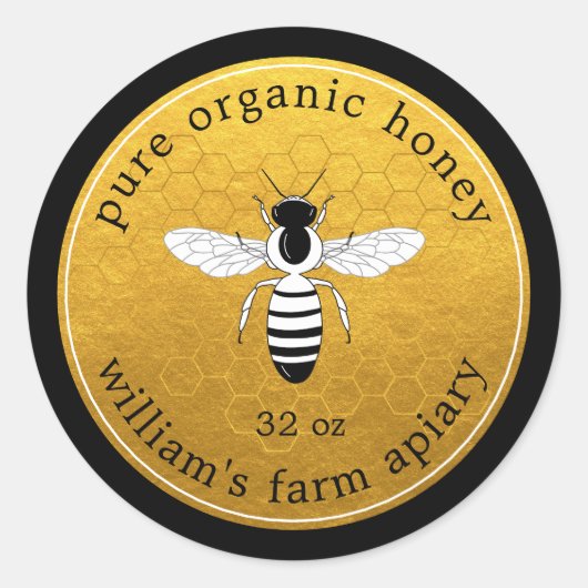 Honey Jar Label Bee Apiary Gouden Honingraat Zwart (Voorkant)