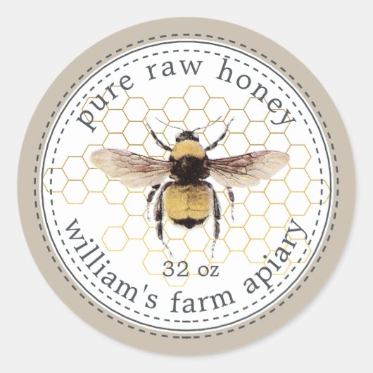 Honey Jar Label Honeybee Apiary Grey (Voorkant)