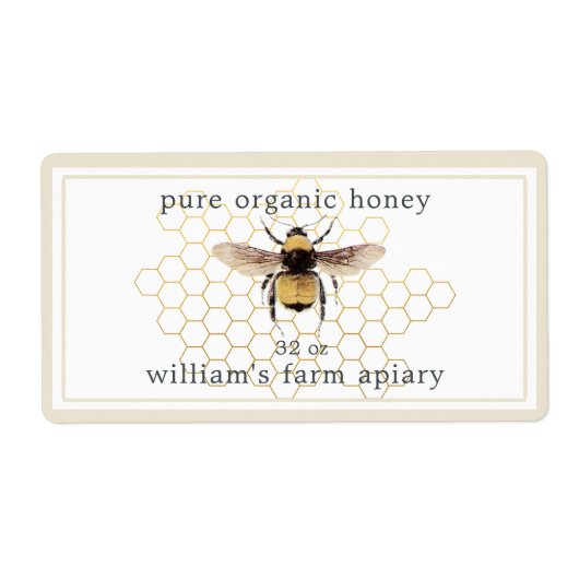 Honey Jar Label Honeybee Apiary Honeycomb Antiek (Voorkant)