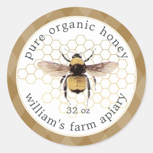 Honey Jar Label Honeybee Apiary Honeycomb Gold (Voorkant)