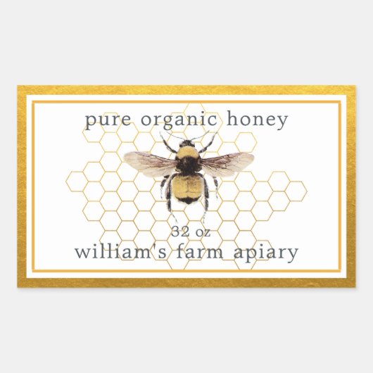 Honey Jar Label Honeybee Apiary Honeycomb Gold (Voorkant)