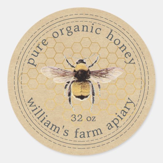 Honey Jar Label Honeybee Apiary Honeycomb Kraft (Voorkant)