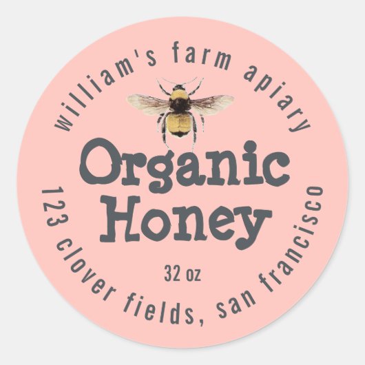 Honey Jar Label Honeybee Apiary Pastel Pink (Voorkant)