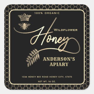 Honey jar modern script koningin bee square sticke vierkante sticker
