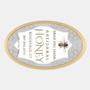 Honey Label with honeycomb, bee and gold border