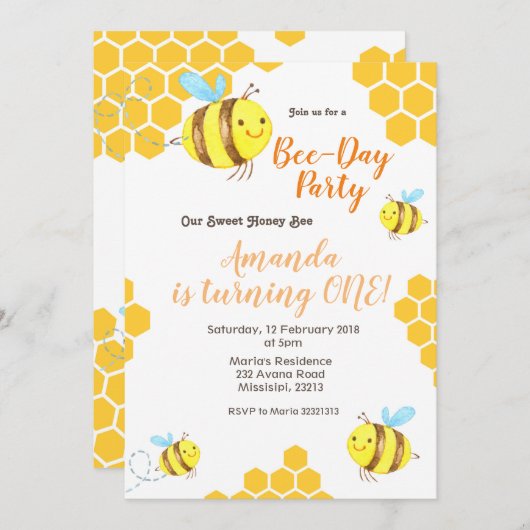 Honey Little Bee 1er Anniversaire Invitation (Devant / Derrière)