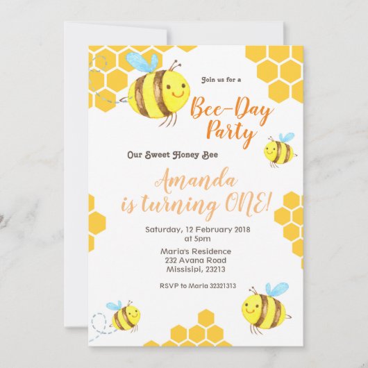 Honey Little Bee 1st Birthday Invitation Kaart (Voorkant)