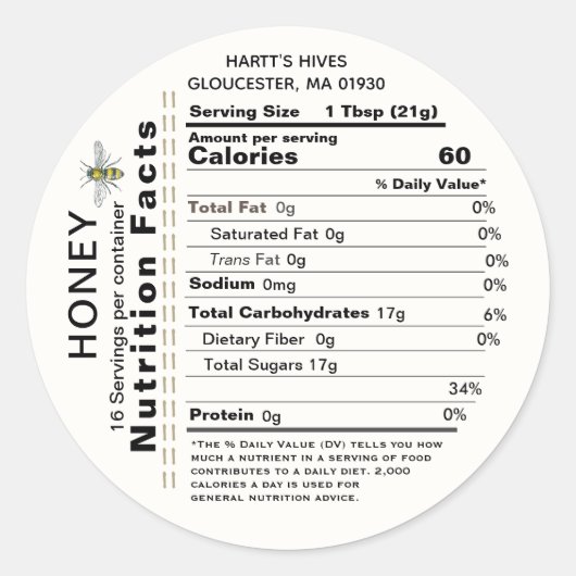 Honey Nutrition Facts Round Étiquette Apiary Nom B (Devant)