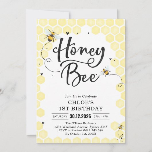 Honey One Honey Bee 1st Birthday Invitation (Devant)