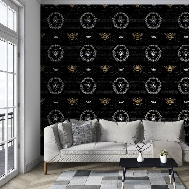  Honey Queen Bee Zwart & Wit Monogram Behang (Vintage Honey Queen Bee Black & White Monogram Wallpaper)