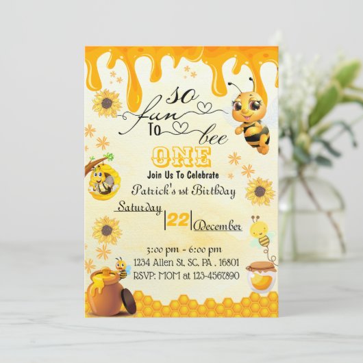 Honeybee 1st Birthday Invitation for Boy Kaart (Staand voorkant)