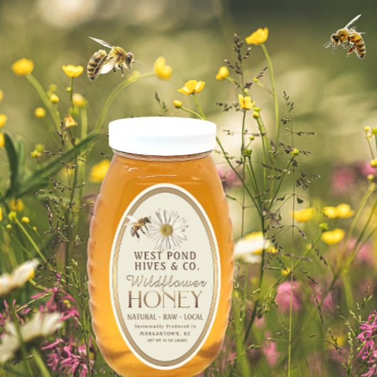 Honeybee en Daisy 16 oz Queenline Jar Gold Honey Ovale Sticker