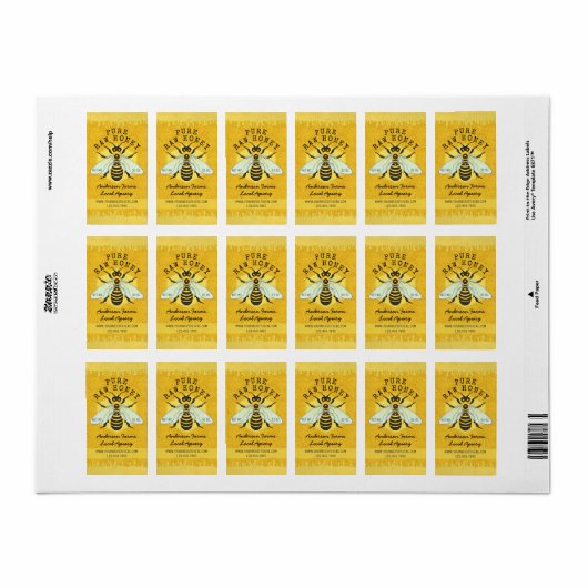 Honeybee Honey Jar Apiary Labels | Honeycomb Bee (Full Sheet)