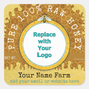 Honeybee Honey Jar Apiary Logo   Honeycomb Bee V2 Vierkante Sticker