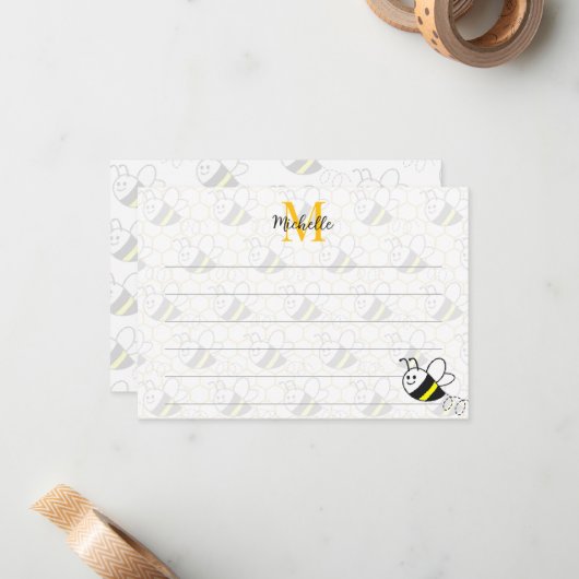 Honeybee Honeycomb Drawing Custom Lined Monogram Notitiekaartje (Voorkant / Achterkant in situ)
