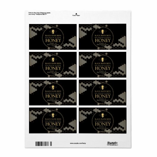 Honeycomb Bee Raw Honey Label Zwart Verzendlabel (Full Sheet)