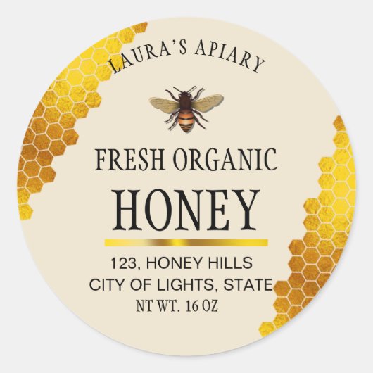 Honeycomb Gold Honey Bee Apiary Productlabel Ronde Sticker (Voorkant)