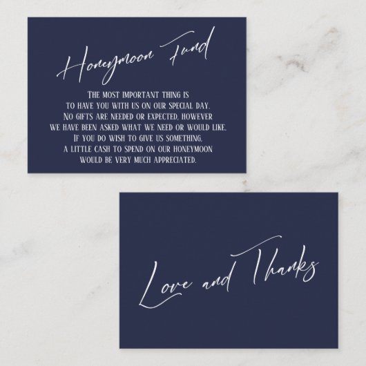 Honeymoon Fund Modern Handschrift Navy Blue Informatiekaartje (Voorkant / Achterkant)